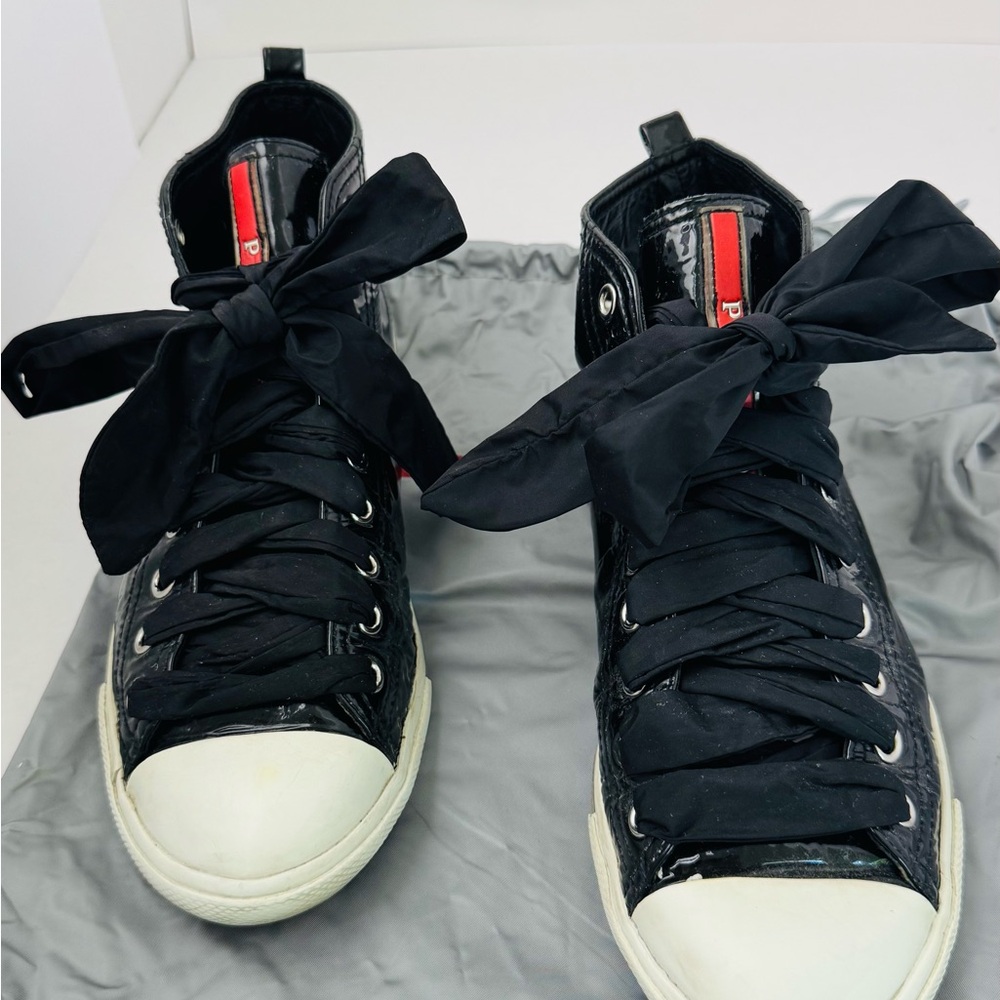 Prada black patent leather women’s High-Top Sneakers with nylon Bow Laces size 8